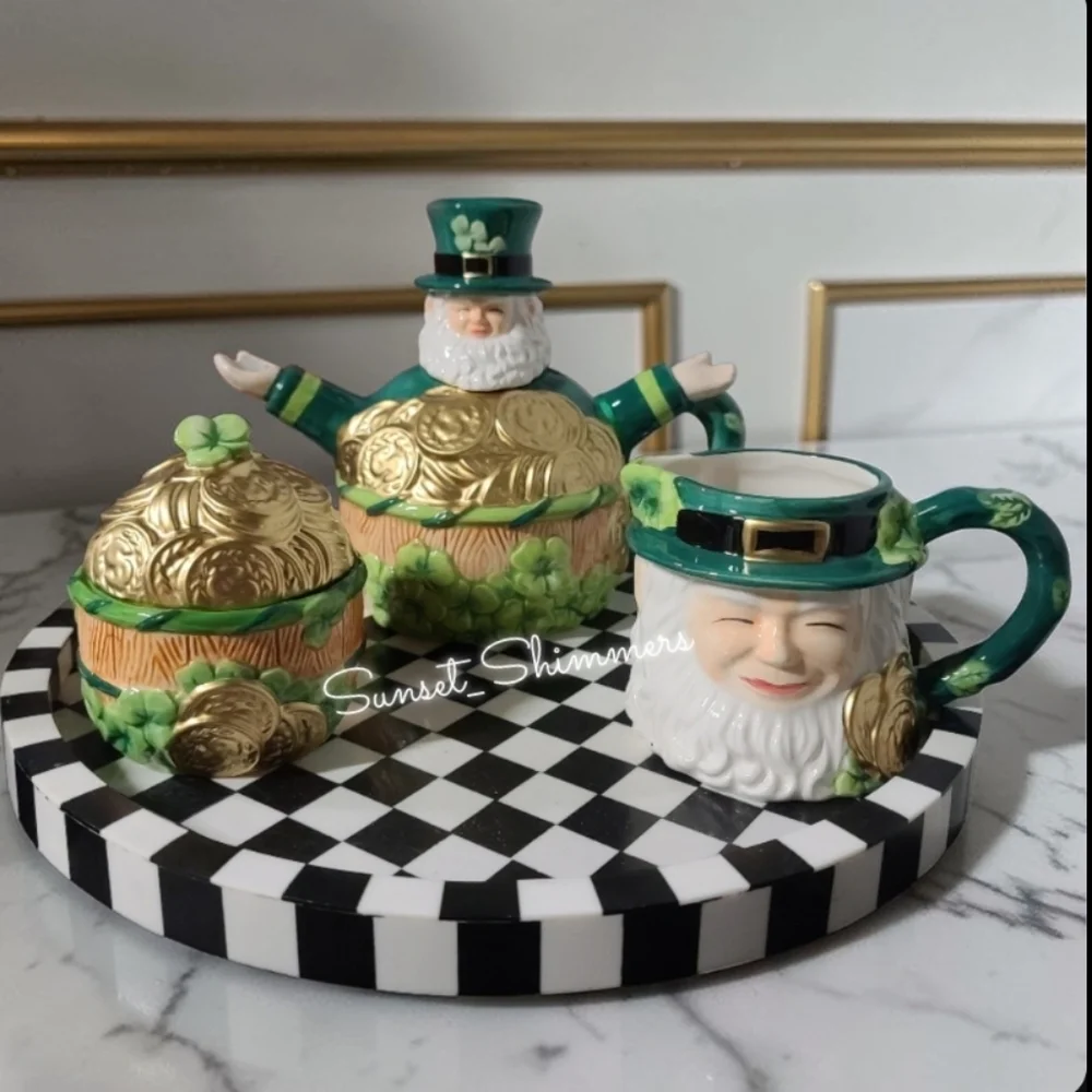 3pc St Patrick's Day Lucky Shamrock Leprechaun Pot O' Gold Teapot Sugar Creamer
